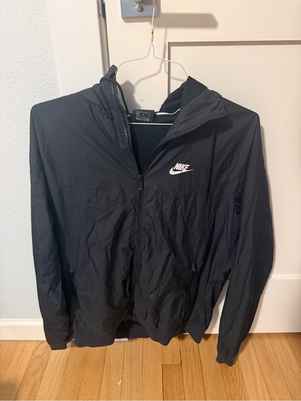 Nike Black Full-Zip Hooded Windbreaker with White Swoosh